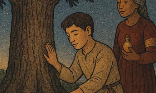 Een jonge man, Daryo, zacht gelaat en rustige ogen, knielt voor de brede gekliefde stam van een grote cipres, haar kort bruin, eenvoudige zandkleurige tuniek en kleine saffraanzak aan de ceintuur; hij legt zorgvuldig een glad, lichtgekleurde steen voor de stam en past de linkerhand op de ruwe schors. Achter hem staat enkele passen weg een priesteres van circa 40–50 jaar met grijzende gevlochten haren, donkerrode mantel en gouden armband, aandachtig en goedwillend, een klein flesje heilig vuur in de hand. Rond de stam een krans van ovale witte stenen met dun mos; schemering met indigo hemel en gouden rand aan de horizon, zachte zijlichtschaduwen en gouden stofdeeltjes in de lucht. Centrale sfeer: intiem en respectvol gebaar, luisterend naar de cipres; kleurpalet van warme okers, diepe groenen en accenten van rood en goud, lichte gedrukte papiertextuur en zachte contouren.