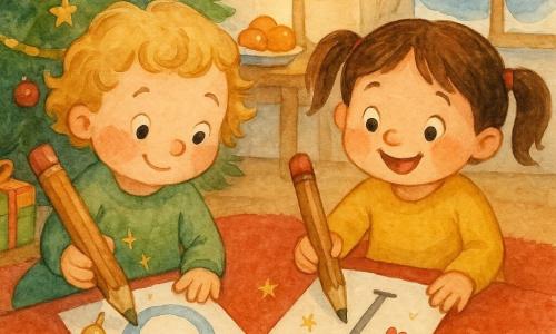 Twee meisjes van 3 jaar zitten naast elkaar op een rood vloerkleed in een gezellig kersthuis: links een blond meisje met korte krulletjes en roze wangjes tekent met een grote potlood met belletje een ronde O, rechts een bruinharig meisje met staartjes glimlacht en tekent een lange L op een wit karton en voegt een hartje toe; op de achtergrond een grote groene kerstboom met gele slingers, rode ballen en gouden sterretjes, warme lampverlichting, sneeuw buiten het raam, enkele cadeau‑dozen bij de boom en een bordje mandarijntjes op een lage houten tafel — ze schrijven samen cadeaulabels, lachen zacht, tekenen schuine letters met sterretjes en hartjes; de sfeer is warm, pastelkleurig, aquareltexturen zichtbaar, zachte lijnen en licht vervaagde contouren.