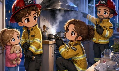 Een jonge man (19) leunt rustig in de deuropening van een keuken, geconcentreerd maar sereen, met een rood brandweercasque half op zijn hoofd, gele brandweerjas met reflecterende band en een kleine brandslang in rustpositie. Binnen knielt een vrouw (Samira, ±30–35) bij de afzuigkap met een zaklamp, vastberaden en zacht, eveneens in brandweerjas en handschoenen. Een man (Koen, ±40–45) staat iets terughoudend, kalm en gezaghebbend, wijst naar een open raam om te ventileren, met talkie-walkie, rood casque en zwarte laarzen. Buiten bij de deur staat een meisje (Lotte, ±12) met een knuffel, bezorgd maar opgelucht, in een roze jasje kijkend naar de jonge brandweerman. Intieme huiselijke keuken met lichte houten werkbladen, metalen afzuigkap waaruit zachte grijze rook kringelt, open raam met koude nachtlucht; scène van rustige nablussing na rookalarm, rook lost op, gecoördineerde handelingen en geruststellende sfeer; warme kleuren voor de personages, blauwgrijze tonen voor rook en achtergrond. Stijl chibi kawaii: ronde lijnen, schattige proporties, zachte overdreven gezichtsuitdrukkingen, gladde texturen en heldere palet.