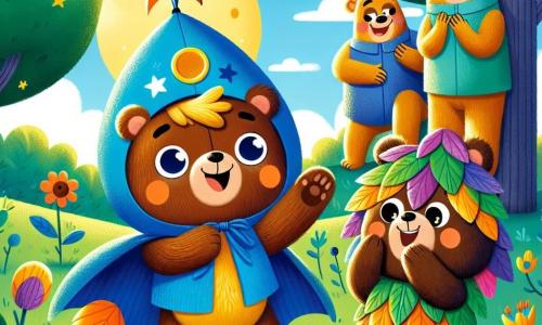 Zwei Bärenbrüder, Bruno und Benny, stehen im Mittelpunkt der Szene. Bruno, der braune Bär mit funkelnden Augen, trägt ein blaues Tuch als Mondkostüm und lächelt fröhlich mit offenen Armen, als ob er in der Sonne strahlt. Benny, der kleinere Bär mit goldenem Fell, ist in ein Kostüm aus bunten Blättern gekleidet und lacht laut, nachdem er von seiner improvisierten 