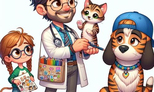 De hoofdpersoon is een man genaamd Dr. Dierenliefde, een dertiger met rommelig bruin haar en een goed verzorgde baard. Hij heeft een grote warme glimlach en een kleurrijke schort vol met potloden en kleine stickers. Hij houdt een schattige getijgerde kitten op zijn schoot, terwijl hij haar liefdevol aankijkt. Naast hem staat Emma, een 8-jarig meisje met gevlochten blond haar en ronde bril, die verwonderd naar de scène kijkt. Ze draagt een t-shirt met hondenmotieven en een spijkerbroek en heeft een schetsboek in haar handen, klaar om het moment vast te leggen. Sam, een 9-jarige jongen met een blauwe pet en een ondeugende glimlach, staat iets op afstand verkleed als hond met grote viltoren. Hij kijkt Dr. Dierenliefde bewonderend aan, enthousiast om deel te nemen aan het avontuur. De scène speelt zich af in een kleurrijke en gastvrije dierenartspraktijk met pastelgroene muren en posters van verschillende dieren. Er liggen speeltjes voor dieren verspreid over de vloer en een groot raam laat zonlicht binnen, wat de ruimte verlicht. Dr. Dierenliefde legt de kinderen uit hoe ze voor dieren moeten zorgen, terwijl Emma tekent en Sam doet alsof hij een blije hond is, wat een vrolijke en leerzame sfeer creëert.
