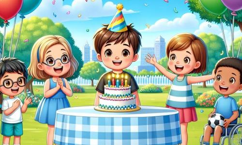 En un parque soleado, un niño de 10 años llamado Pablo, con cabello castaño y ojos brillantes, está en el centro sonriendo maravillado ante una gran mesa decorada con globos de colores y un pastel de cumpleaños. A su izquierda, su mejor amiga Ana, una niña de 9 años con cabello rubio y gafas, levanta los brazos exclamando "¡Sorpresa!" con una gran sonrisa. A su derecha, Miguel, un niño de 10 años con cabello negro y piel morena, sostiene un balón de fútbol, listo para jugar. Más lejos, Luis, un niño de 11 años en silla de ruedas, sonríe alegremente rodeado de sus amigos. El parque está lleno de flores brillantes, árboles verdes y un cielo azul claro, creando un ambiente festivo y alegre. La situación principal muestra a Pablo descubriendo su fiesta de cumpleaños sorpresa, rodeado de amigos que lo aclaman, creando un momento de felicidad y camaradería.