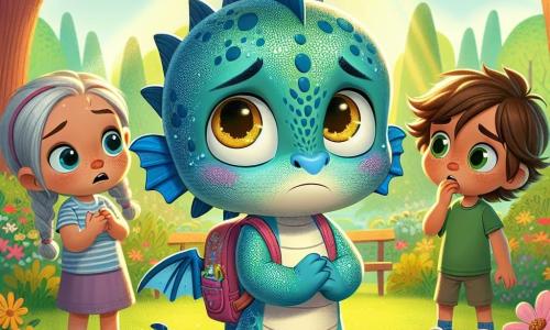 En el centro de la imagen, Lucas, un pequeño dragón de escamas azules brillantes y ojos dorados, se encuentra con una expresión de nerviosismo en su rostro, sus alas ligeramente plegadas. Lleva una mochila colorida y mira a sus amigos con una mezcla de aprensión y determinación, listo para revelar su secreto. A su derecha, Sofía, una niña de cabello rubio trenzado y vestido rosa, muestra una expresión de sorpresa e inquietud, con las manos en las caderas, como si esperara una explicación. A su izquierda, Tomás, un niño de cabello castaño desordenado y camiseta verde, observa a Lucas con curiosidad, sus ojos abiertos, listo para escuchar. El escenario se desarrolla en un parque soleado, lleno de flores coloridas y grandes árboles de hojas verdes, creando una atmósfera alegre y acogedora. Los rayos de sol filtran a través de las ramas, iluminando el rostro de Lucas. La situación principal muestra a Lucas, rodeado de sus amigos, tomando una profunda respiración antes de compartir la verdad sobre su mentira, un momento crucial donde elige la honestidad frente al miedo al juicio.