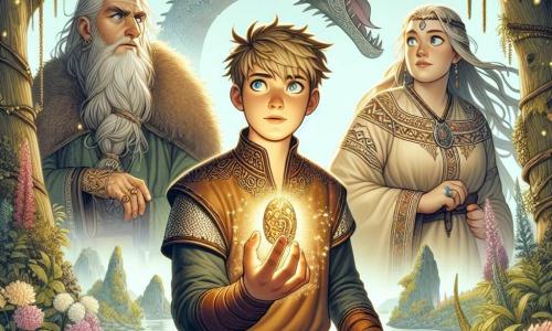 În centrul imaginii, Erik, un tânăr viking de aproximativ 18 ani, stă cu o expresie de determinare pe față. Are părul blond și zbârlit, o barbă începătoare și poartă o tunică din piele decorată cu motive nordice. În mâna dreaptă, ține o amuletă strălucitoare care emite o lumină aurie, în timp ce privirea sa este fixată pe un dragon majestuos care se află în fața lui. În stânga, o bătrână misterioasă, de aproximativ 70 de ani, cu părul lung argintiu și ochi pătrunzători, observă scena cu un zâmbet înțelept. Ea este îmbrăcată într-o rochie simplă, brodată cu simboluri antice, și se află ușor în retragere, ca o păzitoare a secretelor. În fundal, dragonul, imens și impunător, are solzi verzi și aurii care strălucesc la soare, iar ochii săi sunt de un galben strălucitor, părea atât amenințător, cât și majestuos, cu aripile desfăcute creând o umbră pe sol. Decorul este o insulă misterioasă, acoperită de o junglă luxuriantă, cu copaci uriași cu frunze strălucitoare și flori colorate care adaugă o notă de magie. La distanță, se văd ruine antice, martorii unei civilizații uitate. Situația principală îl arată pe Erik, pregătit să înfrunte dragonul, ridicând amuleta spre el, hotărât să stabilească o legătură pașnică, în timp ce bătrâna îl observă, pregătită să-i ofere sfaturile sale înțelepte.
