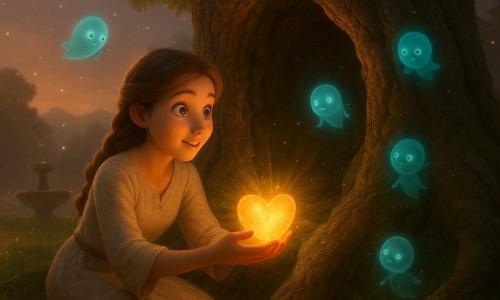 Een vrouw (Elara) staat centraal, zacht en vastberaden gezicht, ze houdt een goudlicht hart dat ze voorzichtig in de holte van een oud, massief eiken legt; ze is gehurkt, draagt een crème linnen jurk, haar lichtbruine haar ingevlochten, terwijl kleine translucente bosgeesten als blauwe en groene vuurvliegjes rond het eiken cirkelen en het gouden licht uit het hart warme stralen over bladeren, bloemen en mossen stuurt in een verborgen vallei bij schemering, met knoestige wortels, een met mos beklede stenen fontein en een zachte gouden nevel — magische, vriendelijke sfeer.