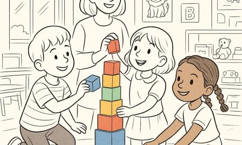 Sofia, 4 anni, capelli medi, sorridente e stupita, in punta di piedi mentre posa un blocco rosso in cima a una torre di cubi colorati; Luca, circa 4 anni, capelli corti, concentrato e gioioso, inginocchiato a sinistra che passa a Sofia un blocco blu; Amina, circa 4 anni, tre treccine, sguardo malizioso, a destra che stabilizza la base con le mani; la maestra Laura, donna adulta con sorriso dolce, dietro i bambini con le mani giunte che li incoraggia; aula luminosa con grandi finestre, poster di animali e lettere, tappeto rotondo, tavolini e scaffali con giocattoli; situazione di cinque bambini che collaborano costruendo una torre alta e colorata, gesti attenti e atmosfera calda di aiuto reciproco; stile line art a inchiostro fine, contorni netti, tratti chiari, leggere ombreggiature per il volume, composizione centrata sulla torre e sui volti.