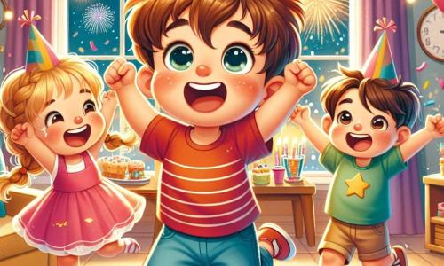 Un bambino di 4 anni, Leo, con i capelli castani in disordine e occhi brillanti di gioia, indossa una maglietta rossa e pantaloni blu. Salta di gioia con un grande sorriso, tenendo un cappello da festa a righe colorate. Accanto a lui, la sua migliore amica Sara, una bambina di 4 anni con capelli biondi intrecciati e un vestito rosa, ride indossando un cappello a forma di stella. Marco, un bambino di 5 anni con capelli castani e una maglietta verde, balla agitando le braccia, circondato da coriandoli che volano nell'aria. La scena si svolge in un salotto caldo, decorato con luci scintillanti, palloncini colorati e un grande tavolo pieno di deliziose leccornie. Sullo sfondo, un orologio segna l'avanzare della notte e i fuochi d'artificio illuminano il cielo attraverso la finestra. Leo e i suoi amici contano insieme fino al nuovo anno, ridendo e urlando di gioia, pronti a festeggiare l'arrivo dell'anno successivo in un'atmosfera festosa e felice.