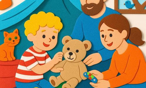 Ein 4-jähriger Junge, fröhlich und konzentriert mit lockigem blondem Haar, spielt in einer blau-grünen Deckenhöhle wie in einer Fantasiejungle mit seinem beigen Teddybär Oskar (gesticktes Auge, hängendes Ohr, genähtes Lächeln) und reicht ihm behutsam die Hand, während auf seinem Schoß eine kleine gelbe Stoffente liegt; er trägt ein rot-weiß gestreiftes Hemd und blaue Hosen und hockt in der Höhle, die das Wohnzimmer in ein Dschungelboot verwandelt (Sofa als rotes Boot, Kissen als bunte Felsen, grüner Teppich als Fluss, Sockengirlanden als Lianen); die lächelnde Mutter mit zusammengebundenem kastanienbraunem Haar kniet rechts und hält ein buntes Pflaster, der bärtige, geduldige Vater sitzt hinter dem Jungen und hält die Plüschfigur sanft, während die rötliche Kätzin Mimi mit grünen Augen und eingerollter Schwanz vom Sofarücken nahe einem Fenster mit Vögeln zuschaut; eine zarte, abenteuerliche und fürsorgliche Szene mit kräftigen Farben, einfachen Formen, EVA-Schaumtexturen, weichem Licht und wohlwollenden Ausdrücken.