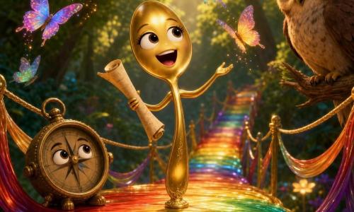 Cuchi, una pequeña cuchara parlante de metal dorado con grandes ojos y sonrisa, canta con porte orgulloso y sostiene un viejo mapa enrollado; a su lado, Bruno, una brújula de bronce envejecido, la guía mientras un grupo de mariposas multicolores aletea y aplaude; Orión, un búho sabio de plumaje castaño y ojos amarillos, escucha desde una rama baja a la derecha; todo ocurre en un puente arcoíris suspendido sobre un claro boscoso, donde los arcos líquidos se solidifican bajo sus pies formando una pasarela brillante, en una atmósfera mágica, cálida y esperanzadora.