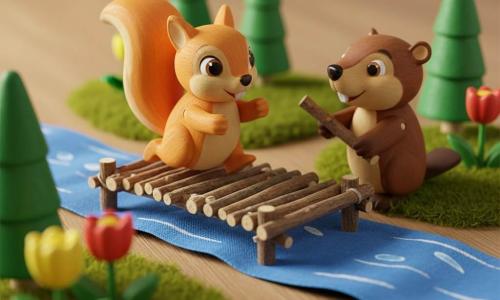 Lilli, ein kleines hellorange bemaltes Holzspielzeug-Eichhörnchen mit fröhlichem, stolzem Ausdruck und großen glänzenden Augen, rennt über einen schief aber stabil aus kleinen Stöckchen geklebten Steg, während Max, ein braun bemalter Holzspielzeug-Biber mit schelmischem Lächeln, ihm vom rechten Ufer aus mit einem Ast hilft, der Fluss ist ein Band leuchtend blauen Stoffes mit aufgemalten Tropfen, weißen Reflexen und feinen Linien als Strömung, die Ufer sind mit grünen Kegelbaum-Spielzeugen, gelb- und rotbemalten Blumen und einem grünen Moosteppich als Wiese dekoriert, die Szene zeigt Lillis mutige, begeisterte Überquerung, von Max ermutigt; illustrativer, weicher Stil, gesättigte Kontrastfarben, warmes Licht und weiche Schatten wie bei einem Holzdiorama für Kinder