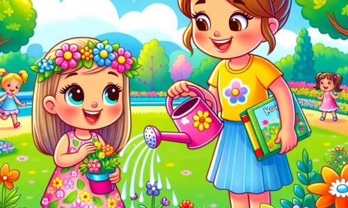 A 4-year-old girl with long blonde hair and sparkling eyes is watering colorful flowers with a small pink watering can. She wears a bright floral dress and has a big smile on her face, showing her enthusiasm and pride. Next to her, Miss Emma, a woman in her 30s with brown hair in a bun, smiles and encourages Lily while holding a book about nature. She is dressed in a yellow t-shirt and blue pants, standing slightly back to observe Lily's work. The setting is a sunny park filled with vibrant flowers, lush green trees, and a clear blue sky. Children are happily playing around, adding a festive atmosphere to the scene. The main focus is on Lily caring for the flowers, with sparkling water droplets falling from the petals, while other children sit nearby on a large blanket enjoying fresh fruit, creating a sense of camaraderie and summer joy.