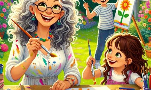 Miss Lily, a cheerful woman in her fifties with curly silver hair cascading softly over her shoulders, is wearing a paint-stained white blouse and smiling enthusiastically, holding a brush in one hand and a palette of bright colors in the other. Emma, a 7-year-old girl with long brown hair and sparkling eyes, is sitting next to her, painting a large yellow sun on her paper, her face radiating happiness. Max, an 8-year-old boy with blonde hair and round glasses, stands behind them, focused on his painting of a large green tree, a look of determination on his face. The scene takes place in Miss Lily's sunny garden, surrounded by colorful flowers and lush trees. A large wooden table is covered with white sheets and vibrant paint pots, creating a joyful and creative atmosphere. In this illustration, Miss Lily and the children are sharing a magical painting moment, laughing and encouraging each other, while the sun shines above them, illuminating their colorful artworks.