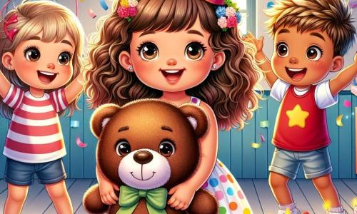 Een 3-jarig meisje, Lotte, met krullend kastanjebruin haar en sprankelende ogen, staat in het midden van de afbeelding, glimlachend en met een grote teddybeer genaamd Knuffel in haar armen. Ze draagt een kleurrijke stippenjurk en een feesthoed. Aan haar rechterkant danst Joris, een 4-jarig jongetje met wild blond haar en een rode t-shirt, vrolijk met zijn armen omhoog, omringd door kleurrijke ballonnen die om hen heen zweven. Aan haar linkerkant applaudisseert een meisje met lang bruin haar in een roze jurk enthousiast, met glinsterende ogen van opwinding. De achtergrond is een vrolijk versierd klaslokaal, met kleurrijke ballonnen aan de muren en een grote tafel vol cupcakes met kleurrijke glazuur. Papieren slingers hangen aan het plafond, wat een feestelijke sfeer toevoegt. Lotte is omringd door haar vrienden die haar verjaardag vieren met lachen en spelen, terwijl ze zich voorbereiden om stoelendans te spelen, allemaal enthousiast om dit gelukkige moment samen te delen.