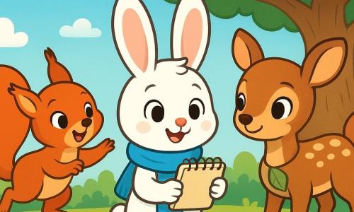 Un iepuraș alb pe nume Miro, cu urechi mari și drepte și ochi strălucitori de curiozitate, stă în centrul imaginii. Poartă o eșarfă albastră și are o expresie de determinare și bucurie, ținând un carnet în lăbuțele din față. La dreapta sa, o căprioară blândă, Pruniselia-Andrada, zâmbește călduros, cu ochii strălucind de bunătate. Poartă o broșă în formă de frunză pe haina sa și pare pregătită să-l asculte cu atenție. La stânga, o vulpe roșie pe nume Rina, cu o coadă pufoasă și ochi jucăuși, sare cu bucurie, adăugând o notă de dinamism scenei. Decorul este o curte verde, presărată cu flori colorate și frunze aurii, sub un cer albastru deschis cu nori albi pufoși. Un stejar bătrân se înalță în fundal, cu ramurile oferind umbră și adăpost personajelor. Miro, înconjurat de prietenii săi, recită cu entuziasm numele noii sale colege, formând un cerc vesel, celebrând diversitatea și prietenia.