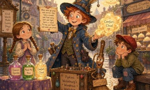 A warm, mischievous wizard named Pipkins Wobblewig, smiling with twinkling eyes and freckles, twisted hat with a large feather pointing north, squeaky-looking boots, stands by a small wheeled workshop cart, waving a scrap of paper with a short rhyme and blowing a shimmering golden 