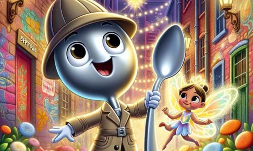 In the center of the image, we see **Detective Spoon**, a small silver metal detective, wearing a detective hat on his long handle. He has a joyful and determined expression, holding a shiny magnifying glass as he carefully examines the ground for clues. Next to him, **Twinkle**, a little fairy with sparkling wings, is flying excitedly. She has golden hair and a dress made of flower petals, and her face is lit up by a big smile, full of hope. In the background, the setting is a **magical alley** in the city, adorned with colorful walls featuring vibrant murals and glowing lanterns floating in the air. Brightly colored flowers grow between the cobblestones, and a shimmering fountain is at the end of the alley, adding a touch of magic. The main scene shows **Detective Spoon and Twinkle** searching together for the lost magical dust, with glowing sparkles floating around them, creating an atmosphere of adventure and mystery.