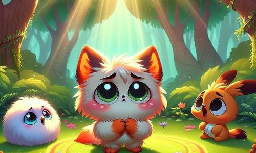 Pippin, a small character shaped like a soft, colorful ball of fur with big sparkling eyes and moving ears, stands at the center of the scene, displaying an expression of sadness mixed with hope, with his paws on his heart. To his left, Fluff, an adorable creature with fluffy white feathers, bright eyes, and a small beak, looks at Pippin with a melancholic expression, sitting on a bed of green moss, while to his right, Flick, a small animal with bright colors, joyfully hops around, trying to comfort Fluff with an encouraging smile. The setting is a sharing circle in an enchanted forest, surrounded by majestic trees with vibrant leaves, where rays of sunlight filter through the branches, illuminating the ground covered with colorful flowers and soft moss cushions. The main situation shows Pippin and his friends sharing their emotions, with Pippin suggesting playing to lift Fluff's spirits, creating an atmosphere of support and friendship amid the soothing nature.