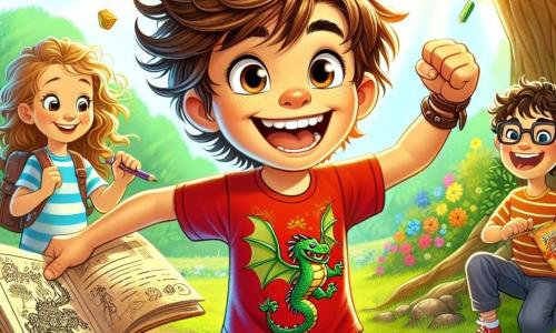 Un chico de 10 años, Lucas, con cabello castaño desordenado y una gran sonrisa, salta de alegría en el centro de la imagen, sosteniendo un viejo trozo de papel en sus manos. Lleva una camiseta roja con un dibujo de dragón y un pantalón corto azul, sus ojos brillan de emoción. A su derecha, Sofía, una niña de 10 años con cabello largo y rizado, dibuja un dragón en su cuaderno con lápices de colores, su rostro es concentrado pero alegre. A la izquierda, Martín, un chico de 10 años con gafas y una camiseta a rayas, ríe mientras sostiene un paquete de galletas, listo para compartirlas. El decorado es un parque soleado, con árboles verdes exuberantes, flores coloridas y un gran roble viejo al fondo, debajo del cual se esconde su tesoro. La situación principal muestra a Lucas y sus amigos en plena búsqueda de un tesoro, rodeados de risas y alegría, con destellos de luz del sol filtrándose a través de las hojas.