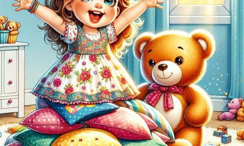 Uma menina de 2 anos, chamada Lili, com grandes olhos brilhantes e cabelos cacheados, usa um vestido colorido com flores. Ela sorri alegremente, com os braços levantados em sinal de vitória, no topo de uma montanha de travesseiros. Ao seu lado, seu fiel urso de pelúcia, com um rosto sorridente e braços abertos, parece pronto para a aventura. A cena ocorre em um quarto acolhedor, cheio de brinquedos espalhados, com paredes pintadas de azul céu e um tapete macio que se assemelha a um grande rio. Os raios de sol filtram pela janela, iluminando o ambiente com uma luz dourada. Lili, em plena exploração, acaba de descobrir uma caixa misteriosa cheia de brinquedos mágicos, que abriu com admiração. Ela está pronta para mergulhar em uma nova aventura com seu urso, cercada por seu universo colorido e alegre.