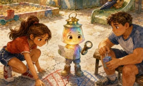 Personagem principal: Lume, pequeno ser tipo criança-lanterna antropomórfica, pele esmaltada e mutável, olhos grandes cor de mel, expressão determinada e suave, segurando um mapa dobrado numa mão e uma lanterna antiga na outra, em pé no centro sobre a linha de giz; Personagem secundária 1: Rita, menina humana ágil, cabelo castanho em rabo de cavalo, olhar malicioso mas sereno, colocando um pacote de biscoitos de um lado da "ponte de giz"; Personagem secundário 2: Bruno, menino humano robusto, ombros largos, expressão hesitante e terna, sentado num banco gasto, abrindo uma caixinha de suco e oferecendo um canudo; Personagem secundária 3: o Guardador de Migalhas, criatura minúscula parecida com um gato de pelúcia com bigodes de palha e olhos de vidro, boca cheia e postura orgulhosa, empoleirado num guarda-chuva fechado sobre o escorregador ao fundo; Lugar: pátio escolar ensolarado com chão de cimento rachado, grandes linhas de giz vermelhas e azuis formando uma ponte, caixa de areia empoeirada, banco de madeira gasto e escorregador metálico verde; Situação: momento de trégua — crianças deixam guloseimas de cada lado na ponte de giz enquanto Lume mostra o mapa e sorri, clima de reconciliação, cores quentes e texturas aquareladas com respingos sugerindo migalhas e movimento.