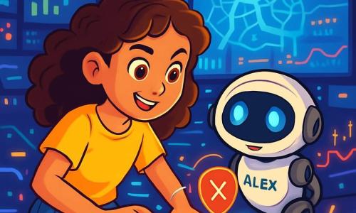 Ein 12-jähriges Mädchen mit lockigem, braunem Haar trägt ein leuchtendes T-Shirt und eine Jeansshorts. Sie hat einen entschlossenen und neugierigen Blick, ihre Augen funkeln vor Aufregung, während sie schnell auf einer holographischen Tastatur tippt. Neben ihr schwebt ein freundlicher Roboter namens Alex, mit einem runden Gesicht und leuchtend blauen Augen, auf Rädern und beobachtet aufmerksam den Bildschirm. Im Hintergrund befindet sich ein großes, futuristisches Kontrollzentrum, gefüllt mit blinkenden Lichtern und riesigen Bildschirmen, die Stadtpläne anzeigen, was eine dynamische und technologische Atmosphäre schafft. Die Hauptsituation zeigt das Mädchen und Alex, die zusammenarbeiten, um einen Cyberangriff auf das Netzwerk der Stadt abzuwenden, umgeben von bunten Grafiken und digitalen Daten, die um sie herumtanzen.