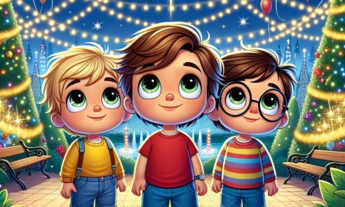 Três meninos de cinco anos, Tomás, Lucas e João, estão no centro de um jardim iluminado. Tomás, com cabelos castanhos e olhos brilhantes, usa uma camiseta vermelha e um short azul. À sua direita, Lucas, com cabelos loiros e olhos verdes, veste uma camisa listrada colorida e um short. À esquerda, João, com cabelos castanhos e óculos redondos, usa um suéter amarelo e uma calça jeans. O jardim é decorado com serpentinas brilhantes e luzes cintilantes, criando uma atmosfera festiva. Ao fundo, um céu estrelado se estende, com uma estrela brilhante acima deles. Os três amigos, com os braços levantados, olham maravilhados para balões coloridos subindo ao céu, cada um com uma pequena mensagem de votos. A cena é cheia de alegria e magia, capturando o espírito de uma celebração de Ano Novo cheia de esperança e amizade.