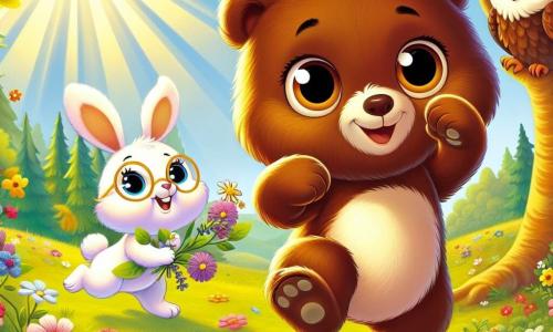 Un piccolo orso bruno, con occhi brillanti di gioia, balla in una radura soleggiata, circondato da fiori colorati che si piegano dolcemente sotto la brezza primaverile. Ha un pelo morbido e setoso e un ampio sorriso che illumina il suo viso, mentre solleva le zampe in aria, celebrando l'arrivo della primavera. Vicino, una piccola coniglietta bianca dalle grandi orecchie, piena di energia, salta gioiosamente, tenendo un mazzo di fiori selvatici tra le zampe. Ha uno sguardo birichino e un sorriso radioso. Un saggio gufo dalle piume brune e dagli occhi tondi, posato su un ramo, osserva la festa con aria divertita. La scena si svolge in una radura verdeggiante, illuminata da una luce dorata, dove fiori di tutti i colori sbocciano e alberi maestosi creano un'atmosfera accogliente. I raggi di sole filtrano attraverso il fogliame, creando ombre danzanti sul terreno. In questa illustrazione, il piccolo orso e i suoi amici celebrano insieme l'arrivo della primavera, in un'atmosfera gioiosa e festosa, piena di risate e colori vivaci.
