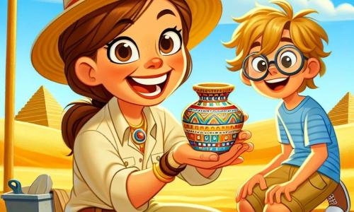 In the foreground, a joyful archaeologist, Dr. Lily, a woman in her thirties with brown hair tied in a ponytail, wears a straw hat and a beige shirt. She has a big smile on her face, her eyes sparkling with excitement as she holds up a small ceramic pot decorated with colorful patterns to show her friends. Next to her, Sammy, a boy of about 10 with messy blonde hair and round glasses, gazes at the pot in wonder. He is wearing a blue t-shirt and khaki shorts, crouching with a plastic shovel, ready to assist Dr. Lily in her discovery. The setting is a sunny archaeological site surrounded by golden sand dunes under a clear blue sky. Majestic pyramids rise on the horizon, and archaeological tools are scattered around them, creating an adventurous atmosphere. The main scene depicts Dr. Lily and Sammy in the midst of their discovery, amazed by the ancient pot they have just unearthed, symbolizing the excitement and curiosity of archaeological exploration.