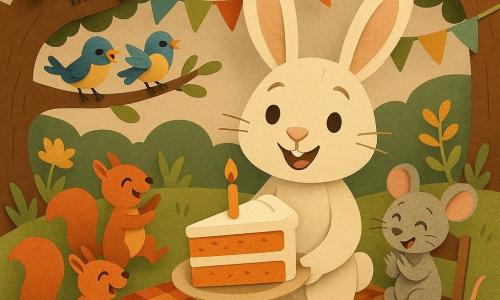 Ein junger anthropomorpher Hase in Weiß und Beige lächelnd und strahlend, mit großen aufgestellten Ohren und glänzenden runden Augen, steht im Zentrum und hält ein großes Stück orange-karottenkuchen mit weißer Creme und einer kleinen brennenden Kerze; rechts auf einem kleinen Holzstuhl sitzt eine fröhliche, schelmische graue Maus und klatscht in die Hände; links tanzen zwei rote Eichhörnchen mit flauschigem Fell und buschigen Schwänzen auf einer rot-weiß karierten Decke; eine Gruppe bunter Vögel mit leuchtend blauen und gelben Federn sitzt auf den Ästen oberhalb und singt; Schauplatz: eine Lichtung unter einer großen Eiche, grasbewachsen mit papiermäßig ausgeschnittenen Wildblumen, mehrfarbige Wimpel hängen zwischen den Ästen, weiches spätnachmittägliches Licht; Stimmung: warme, intime Geburtstagsfeier mit papier-gebastelter Deko in einfachen Formen und kräftigen Farben, Komposition zentriert auf Hase und Kuchen, gut lesbare Gesichtsausdrücke.