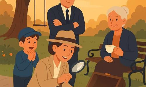 La detective Clara, sonriente pero concentrada, de rodillas ante un viejo cofre abierto, con chaqueta beige, sombrero ligero y lupa en mano; el niño Luis, ~8 años, asombrado con pequeño sombrero azul a la izquierda; Emilia, mujer mayor de ~70 años, sentada a la derecha con cabello gris en moño y taza de té; el comisario Rodríguez, ~45 años, al fondo con chaqueta oscura y brazos cruzados; en el parque del pueblo al crepúsculo junto a un gran roble con raíces visibles, columpios de madera y bancos de hierro, vecinos reunidos por el hallazgo de un cofre antiguo con papeles amarillentos y joyas que brillan, ambiente de calma alegre y curiosidad resuelta.