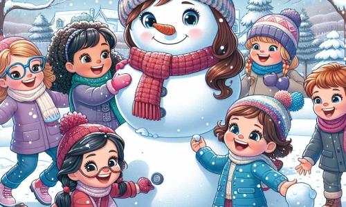 En un jardín nevado, cinco niñas alegres se reúnen alrededor de un gran muñeco de nieve. Valeria, una niña de 10 años con cabello castaño y gafas, sonríe mientras le pone una bufanda roja al muñeco. Al lado de ella, Sofía, una niña de 9 años con cabello rubio y rizado, sostiene una zanahoria para la nariz del muñeco riendo. Lucía, una niña de 10 años con cabello negro y una chaqueta azul, está agachada buscando piedras para los botones. Ana, una niña de 8 años con cabello castaño y gran alegría en los ojos, hace rodar una bola de nieve. Finalmente, Carla, una niña de 9 años con trenzas y un gorro colorido, levanta los brazos emocionada por su creación. El jardín está cubierto de una gruesa capa de nieve brillante, con árboles desnudos cuyas ramas están cargadas de nieve. El cielo es de un azul brillante, salpicado de nubes blancas esponjosas. Las niñas se divierten construyendo un muñeco de nieve gigante, riendo y jugando en la nieve, creando recuerdos inolvidables juntas.