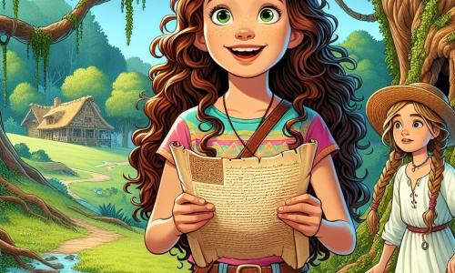 En el centro de la imagen, una niña de 11 años, Valeria, con largos cabellos castaños y rizados, lleva una camiseta colorida y un short de mezclilla. Su rostro brilla con una amplia sonrisa, sus ojos destilan curiosidad y emoción mientras sostiene un viejo pergamino, lista para descubrir un tesoro escondido. A su lado, su mejor amiga Lucía, también de 11 años, con trenzas rubias y un sombrero de paja, observa el pergamino con asombro. Lleva un vestido ligero y sandalias, y su expresión muestra una alegre determinación. El escenario es un parque verde, con grandes árboles y un pequeño arroyo que serpentea por el paisaje. Al fondo, una cabaña antigua cubierta de hiedra añade un toque de misterio a la escena. Valeria y Lucía están de pie frente a un gran árbol antiguo, descifrando el pergamino que las llevará a una nueva aventura, rodeadas por la belleza natural del parque, donde la imaginación y la amistad cobran vida.