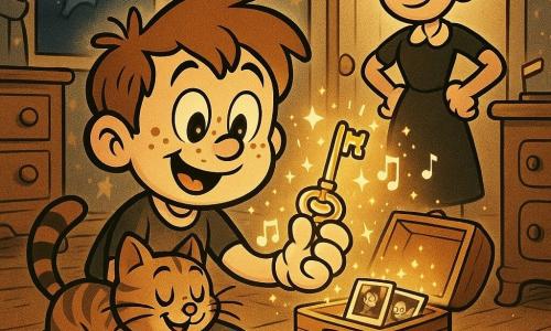 Een trotse gelukkige jongen van 8 jaar met een rond gezicht en sproeten, warrig lichtbruin haar en glanzende ogen zit knielend met een open houten doosje met foto’s en een glanzende sleutel; zijn moeder (ongeveer 35) staat glimlachend in de deurpost met haar handen in de zij en kijkt trots; de getijgerde kat Milo spint op zijn schoot en kijkt naar de sleutel. De warme kleine slaapkamer heeft sterrenbehang, houten vloer, een oude commode en een nachtlampje; de maan schijnt door het open raam en werpt zachte lange schaduwen. Hoofdscène: intiem ontdek-moment — de jongen heeft een kistje van onder het bed gevonden, een muziekdoosje op het nachtkastje zendt gouden licht en fijne vonkjes zweven rond het doosje; sfeervol, gezellig en subtiel magisch. Visuele stijl: dikke lijnen, uitgesproken vormen, warme verzadigde kleuren, zichtbare houttexturen, parelglans op de sleutel en gestileerde muzieknootjes in de lucht.