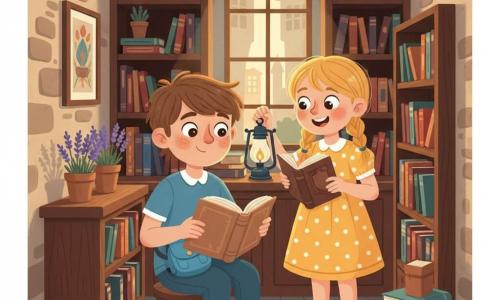 Un ragazzo di 10 anni dal viso rotondo con leggere lentiggini, capelli castano spettinati, occhi grandi e curiosi e sorriso timido, seduto su uno sgabello di legno con lo zainetto blu e sfogliando un grande libro dalle pagine crema; accanto a lui Camilla, circa 9 anni, capelli biondi in due trecce, vestito giallo a pois bianchi, espressione gioiosa, che tiene una lampada a olio vintage e gli mostra un libro antico. La scena si svolge in una minuscola libreria tra edifici in pietra con scaffali scuri pieni di libri colorati, vasetti di lavanda sul banco, luce calda che filtra da una vetrina a piccoli riquadri e un tappeto persiano rosso sotto i piedi; l'angolo è accogliente e intimo, con pile di libri che creano sentieri, luce dorata sui loro volti e un senso di scoperta e amicizia nascente.