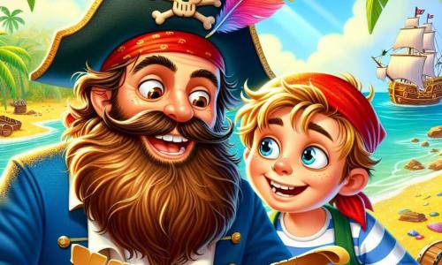 De hoofdpersoon, een man genaamd Kapitein Karel, is een vrolijke piraat van ongeveer 30 jaar, met een grote bruine baard en een piratenhoed versierd met een gekleurde veer. Hij glimlacht breed, met sprankelende ogen van opwinding, terwijl hij een oude schatkaart vasthoudt. Naast hem staat Pipo, een 10-jarig jongetje met tousled blond haar en een rode bandana op zijn hoofd. Hij kijkt nieuwsgierig naar de kaart, met verwonderde ogen, en staat iets naar achteren, klaar om zijn vriend te helpen. De setting speelt zich af op een tropisch strand, met weelderige palmbomen die zachtjes in de wind wiegen, gouden zand dat schittert in de zon, en een turquoise zee met zachte golven die de kust kussen. Op de achtergrond is hun piratenschip, de 
