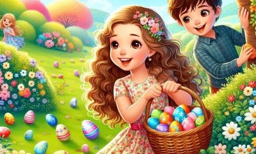 Una niña de 12 años, llamada Sofía, con largos cabellos rizados y una sonrisa radiante, está buscando huevos de Pascua en un jardín colorido. Lleva un vestido primaveral con flores y sostiene una cesta de mimbre llena de huevos decorados. Sus ojos brillan de emoción y curiosidad. Junto a ella, su amigo Lucas, un niño de 11 años con cabello castaño alborotado y una gorra, está agachado buscando debajo de un arbusto, con una gran sonrisa en el rostro. Más lejos, Carla, una niña de 12 años con trenzas rubias, está mostrando un huevo brillante que acaba de encontrar, con los brazos levantados en señal de victoria. El jardín está lleno de flores vibrantes, mariposas revoloteando y un gran roble majestuoso que ofrece sombra. Los huevos de colores están escondidos detrás de las flores y bajo las hojas, creando un ambiente alegre y festivo. Sofía y sus amigos están en plena búsqueda de huevos, riendo y animándose mutuamente, mientras el sol brilla en un cielo azul claro, añadiendo a la atmósfera mágica de este día de Pascua.