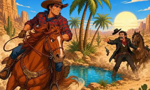 Un hombre llamado Sam, valiente y sereno, rostro bronceado con una leve cicatriz, sombrero de vaquero marrón, camisa a cuadros y botas polvorientas, galopa a toda velocidad sobre su caballo alazán Tornado alrededor de un pequeño oasis de agua azul entre palmeras y rocas; un bandido de unos 40 años, sorprendido y furioso, con chaqueta oscura y pañuelo rojo, está desorientado por la polvareda con su revólver cayendo de la mano mientras Sam lo rodea hábilmente para desarmarlo, creando una nube de polvo y una silueta heroica contra el desierto dorado.