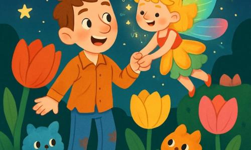 A man with a gentle, smiling face and sparkling curious eyes stands in the center of the image. He wears simple, slightly disheveled clothes and muddy shoes. He is amazed, arms open, looking at a small fairy with iridescent wings that shine like a rainbow. The fairy, with golden hair and a dress made of flower petals, joyfully flies around him. The setting is a magical kingdom filled with giant, brightly colored tulips and shimmering creatures with glowing fur. Stars twinkle in a starry night sky, and fireflies dance around them, adding a touch of magic to the atmosphere. The main scene shows the man and the fairy holding hands, ready to embark on an enchanted adventure while curious creatures watch them from the giant flowers.