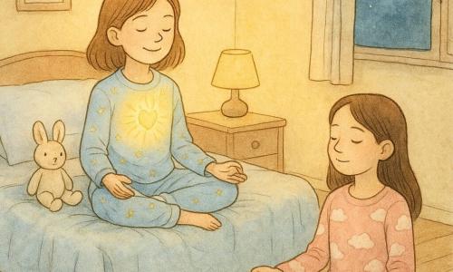 Una niña de 10 años, Lucía, está sentada con las piernas cruzadas en su cama, con los ojos cerrados y una sonrisa tranquila en el rostro. Lleva un pijama azul claro con estampados de estrellas. Un suave halo de luz dorada parece emanar de su corazón, simbolizando su 