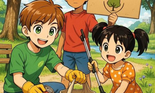 Un niño de 10 años, sonriente y decidido, pelo castaño claro corto, ojos verdes grandes, lleva camiseta verde con logo de hoja, vaqueros y guantes de jardinería amarillos; recoge una lata oxidada y la pone en una bolsa de reciclaje de tela; a su derecha una niña de 9 años, alegre, pelo negro en coletas, vestido naranja de lunares blancos, sostiene unas pinzas de basura para ayudar; detrás de ellos un niño de 11 años, serio pero amable, piel morena y gorra roja, sostiene un cartel de cartón que dice «Protejamos el parque»; están en un parque urbano soleado con césped, robles, sendero de grava, algunas flores violetas y un banco de madera, junto a un río y cielo azul con nubes; los tres limpian, recogen residuos y plantan una pequeña plántula en una escena colaborativa y optimista.