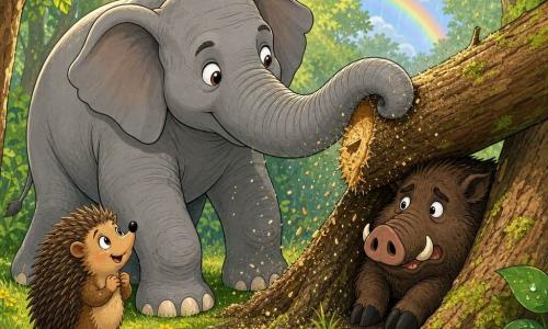Um grande elefante é o personagem principal, rosto suave, tromba longa a afastar um tronco para libertar um robusto javali preso entre dois troncos; ao lado, um pequeno ouriço-urso em pé sobre uma folha observa admirando; clareira luminosa com relva verde, flores amarelas, troncos com musgo, serradura no ar, gotas de chuva e um arco-íris distante; cores saturadas, contornos nítidos, estilo caloroso e expressivo, composição centrada nas três silhuetas, adequada a crianças.