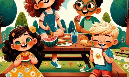 Au centre da imagem, quatro crianças estão reunidas em torno de uma grande mesa de piquenique. Maria, uma menina de 8 anos com cabelos castanhos e cacheados, usa um vestido amarelo com flores e sorri segurando uma fatia de melancia. João, um menino de 9 anos com cabelos loiros e óculos, está sentado ao lado dela mordendo um sanduíche, vestindo uma camiseta azul e um short vermelho. Ana, uma menina de 7 anos com cabelos lisos e negros, está em pé segurando um copo de suco de laranja, vestindo um macacão de denim e uma camiseta rosa. Pedro, um menino de 8 anos com cabelos castanhos e sardas, está sentado em frente a eles, rindo e mostrando seu desenho de um sol em seu caderno, vestindo uma camiseta verde e um short bege. Ao fundo, há um parque ensolarado com grandes árvores de folhas verdes, um céu azul claro com algumas nuvens brancas e uma piscina cintilante onde outras crianças se divertem. A cena mostra as crianças compartilhando um momento alegre, cercadas de comida colorida e risadas, ilustrando o espírito das férias de verão.