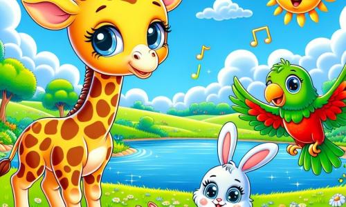 Una giraffa di nome Gina, con un lungo collo maculato e occhi dolci, si trova sulla riva di un lago scintillante, il suo volto esprime grande curiosità e una leggera tristezza. Accanto a lei, un coniglietto bianco di nome Pipo, con grandi orecchie e pelliccia morbida, salta gioiosamente, i suoi occhi brillano di entusiasmo. Un pappagallo colorato, Lolo, con piume brillanti di rosso, verde e blu, vola intorno a loro cantando, con un sorriso amichevole sul volto. Il paesaggio è una prateria verde, punteggiata di fiori colorati, sotto un cielo blu punteggiato di nuvole bianche e soffici. In questa scena, Gina, Pipo e Lolo uniscono le forze per far sorridere il sole, cantando e ballando insieme, portando gioia e luce al loro mondo.