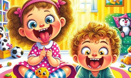 A 4-year-old girl named Lily, with sparkling big eyes and curly hair, makes a hilarious face by sticking out her tongue and crossing her eyes. She is wearing a pink polka dot dress and striped socks. Next to her, her 2-year-old brother Max, with round cheeks and messy blonde hair, mimics his sister with a comical expression, wide-eyed and with an "O" shaped mouth. They are sitting on a colorful rug in their living room, surrounded by scattered toys. The place is bright, with yellow walls and animal drawings hanging up. The scene shows Lily and Max in a competition of funny faces, laughing heartily, while their mom, a smiling woman with brown hair in a bun, watches them with crossed arms, adding a touch of joy to this playful atmosphere.