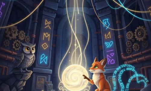 The main character is Zephyr, a young fox with bright orange fur and green eyes, focused and amazed, seated on his hind legs touching a glowing sphere with his paw and tracing runes in the air with his tail; a second character is Orin, a mechanical wise owl with steel-gray feathers and golden lens-eyes, perched on a left rocky ledge watching attentively; three mechanical moles with polished brass shells and blinking lights crouch by a gear panel, adjusting a forge lens beside the fox; the setting is a vast underground chamber carved from dark stone, walls engraved with neon blue, purple, and gold runes, ribbons of light, rows of gleaming gears and copper pipes; the scene shows the fox awakening the 