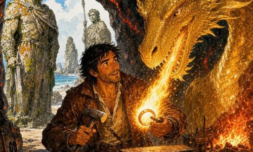 Eldric, a 35-year-old sailor-smith with a tanned face, messy black hair, bright eyes, a worn brown leather jacket and salty boots, holds a heated ring in one hand and a small hammer in the other, ready to reforge it; a massive benevolent golden dragon leans behind and above him, breathing a gentle bright flame over the ring, its scales like molten metal; lichen-covered ancient stone hero statues frame the beachside scene; the forge is carved into a cave on Ember Island with black walls streaked red, a fine sand floor, orange-red flames, sparks and warm reflections — a heroic, warm, mysterious moment of a sea-forger reforging a magical ring with a protective dragon, colored-ink look, strong contrasts and sparkling details.