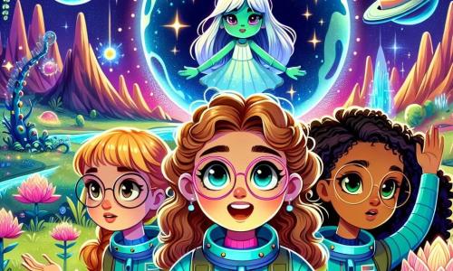 Al centro dell'immagine, quattro ragazze di undici anni, tutte sorridenti e piene di energia, si trovano su un pianeta extraterrestre chiamato Zynolia. Martina, la leader, ha lunghi capelli ricci castano chiaro e indossa una tuta spaziale blu. Chiara, a destra, ha capelli neri e occhiali rotondi, e tiene un libro antico, meravigliata. Giulia, a sinistra di Martina, ha capelli biondi e una treccia, indossa una tuta rosa e guarda con curiosità una creatura zynoliana. Sofia, dietro Chiara, ha capelli castani e ricci, indossa una tuta verde e prende appunti. Lo sfondo è un paesaggio vibrante di Zynolia, con piante luminescenti, montagne fluttuanti e un cielo stellato. Le ragazze stanno esplorando questo mondo affascinante, circondate da creature extraterrestri amichevoli.