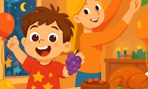 Un niño de 4 años, llamado Maxi, con cabello castaño desordenado y grandes ojos llenos de alegría, está saltando de felicidad en una habitación decorada para la fiesta de Año Nuevo. Lleva una camiseta roja brillante con estrellas doradas y pantalones azules. Su mamá, una mujer sonriente de unos 30 años con cabello largo y rubio, está ocupada colgando guirnaldas coloridas del techo, mientras le lanza una mirada cariñosa. La sala está llena de globos multicolores, luces brillantes y una gran mesa con platos deliciosos. Al fondo, se ve una ventana abierta que da a la calle animada donde la gente baila y canta. Maxi sostiene un racimo de uvas en sus pequeñas manos, listo para comerlas a la medianoche, con una gran sonrisa en su rostro, ansioso por celebrar el nuevo año.