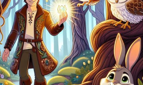In the center of the image, Alden, a brave man in his 30s, stands with a determined smile. He has slightly wavy brown hair, sparkling curious eyes, and wears a brown leather tunic adorned with magical patterns. In his hand, he holds a shining gem that emits a soft light, symbolizing his role as a guardian. Next to him is a small rabbit with bright eyes and large ears, joyfully hopping, showing its enthusiasm for adventure. A wise owl, perched on a low branch, watches Alden with round, piercing eyes, ready to offer advice. The setting is an enchanted forest with majestic trees, gnarled trunks, and vibrant green leaves. Sunbeams break through the foliage, creating light patterns on the mossy ground covered with colorful flowers. The main scene shows Alden, proud and determined, about to step toward a mysterious cave where the magical gem is hidden. The atmosphere is filled with adventure and magic, with dancing shadows adding a touch of mystery.