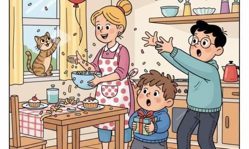 Un băiat de 6 ani cu păr șaten zburlit, obraji rotunzi și pistrui, cu fața radiantă ține o mică cutie cadou colorată la piept și stă în vârfuri; o femeie în jur de 30 de ani cu șorț cu buline și păr blond prins în coc zâmbește ușor vărsând confetti dintr-un bol lângă masă; un bărbat cu ochelari rotunzi și păr negru încearcă să prindă un mare balon roșu care se înalță, cu brațele întinse lângă băiat; o pisică tigrată curioasă stă pe pervaz, cu o labă ridicată spre lumină; bucătăria e luminoasă și colorată, masa din lemn deschis presărată cu panglici de hârtie, farfurii cu prăjituri, față de masă în carouri și ghirlande suspendate — scenă de petrecere aniversară veselă, momentul în care băiatul descoperă cutia și toți reacționează cu gesturi exagerate și culori vii.